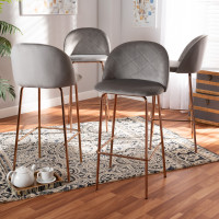Baxton Studio BA-6-Grey/Rose Gold-BS-4PC Set Addie Luxe and Glam Grey Velvet Fabric Upholstered and Rose Gold Finished 4-Piece Bar Stool Set